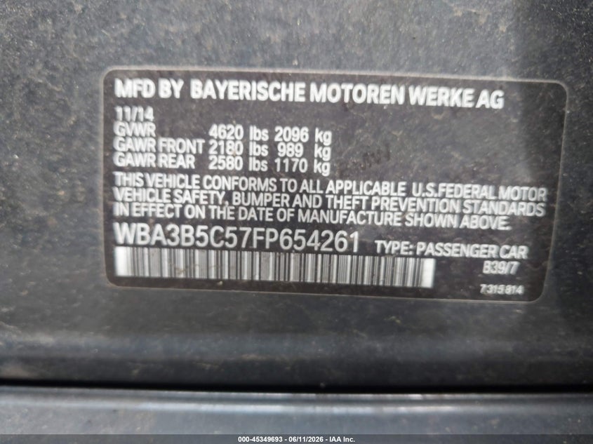 2015 BMW 3er VIN WBA3B5C57FP654261 IAAI salvage auction — FRONT END, Salvage (New Jersey), sold $2,075 on 2026-07-22 (photo 9)