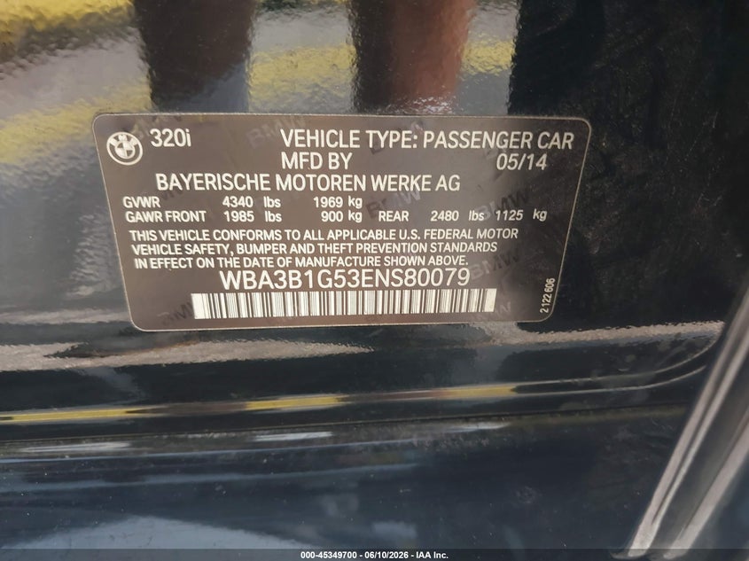 2014 BMW 3er VIN WBA3B1G53ENS80079 IAAI salvage auction — FRONT END, Clear (Florida), sold $375 on 2026-07-16 (photo 9)