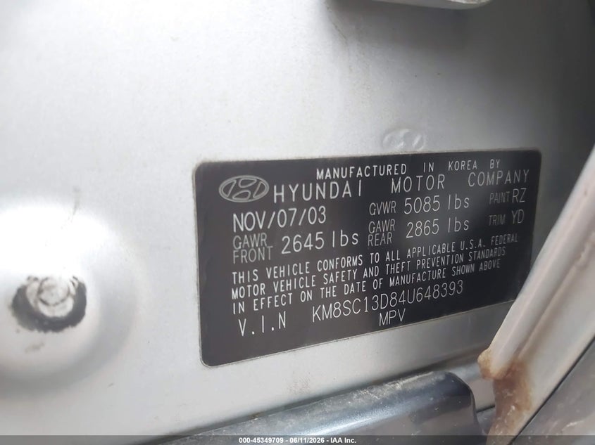 2004 Hyundai Santa fe VIN KM8SC13D84U648393 IAAI salvage auction — FRONT END, Junk Bill Of Sale Mv2459 (Wisconsin), sold $375 on 2026-07-08 (photo 9)