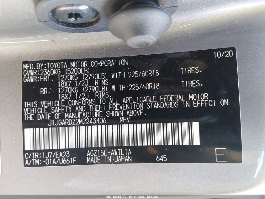 2021 Lexus Nx VIN JTJGARDZ2M2243406 IAAI salvage auction — RIGHT FRONT, Salvage Title, sold $7,000 on 2026-08-01 (photo 9)