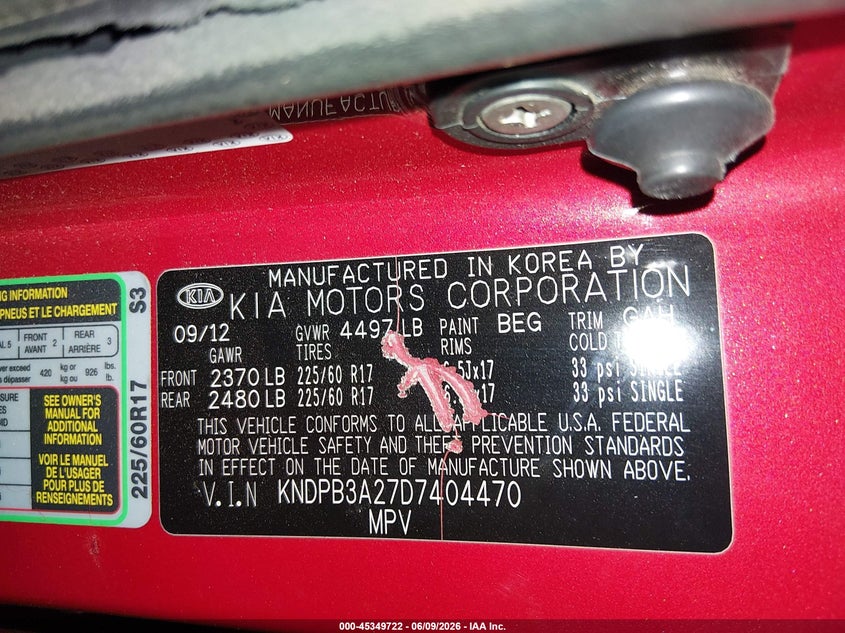 2013 Kia Sportage VIN KNDPB3A27D7404470 IAAI salvage auction — RIGHT FRONT, Salvage Title, sold $725 on 2026-07-14 (photo 9)