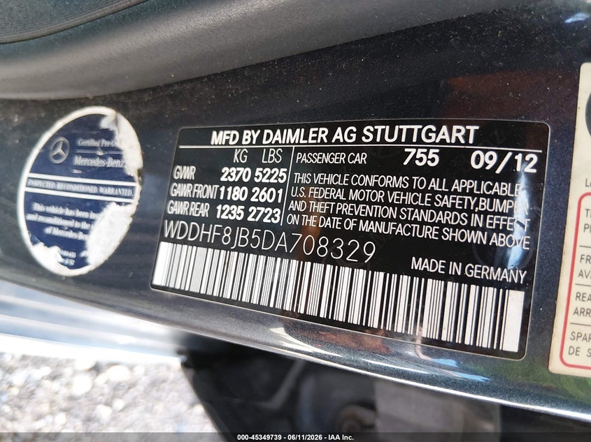 2013 Mercedes-benz VIN WDDHF8JB5DA708329 IAAI salvage auction — FRONT END, Clear (Indiana), sold $925 on 2026-07-15 (photo 9)