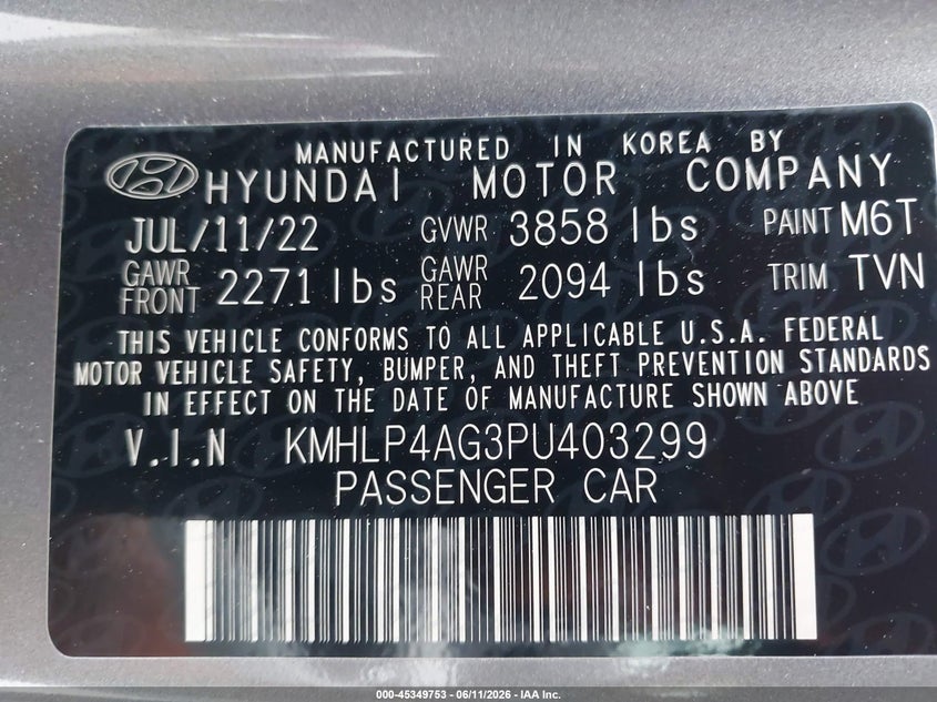 2023 Hyundai Elantra VIN KMHLP4AG3PU403299 IAAI salvage auction — VANDALISM, Clear - Dealer Only (California), sold $8,800 on 2026-08-22 (photo 9)