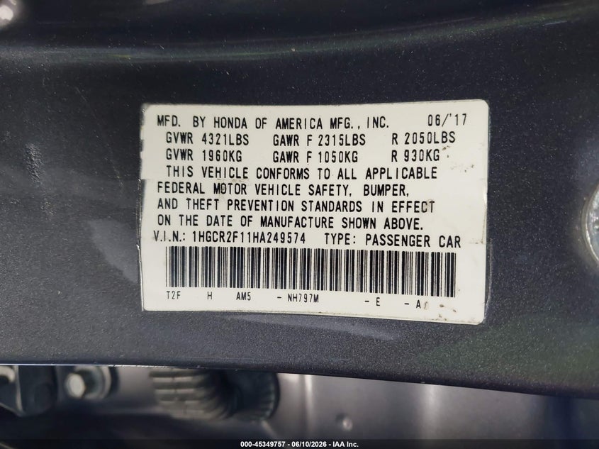 2017 Honda Accord VIN 1HGCR2F11HA249574 IAAI salvage auction — FRONT END, Salvage (California), sold $3,925 on 2026-07-09 (photo 9)
