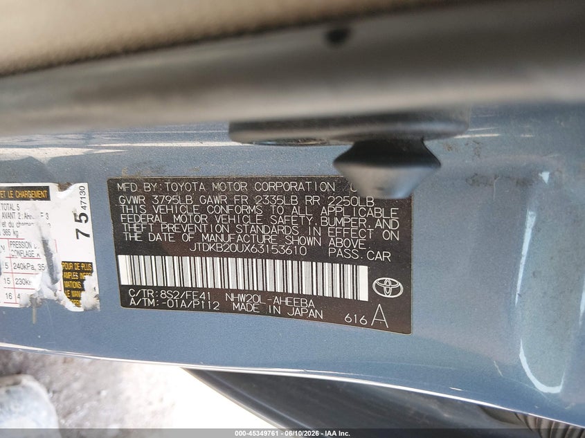 2006 Toyota Prius VIN JTDKB20UX63153610 IAAI salvage auction — NORMAL WEAR, Clear (Kansas), sold $575 on 2026-07-17 (photo 9)