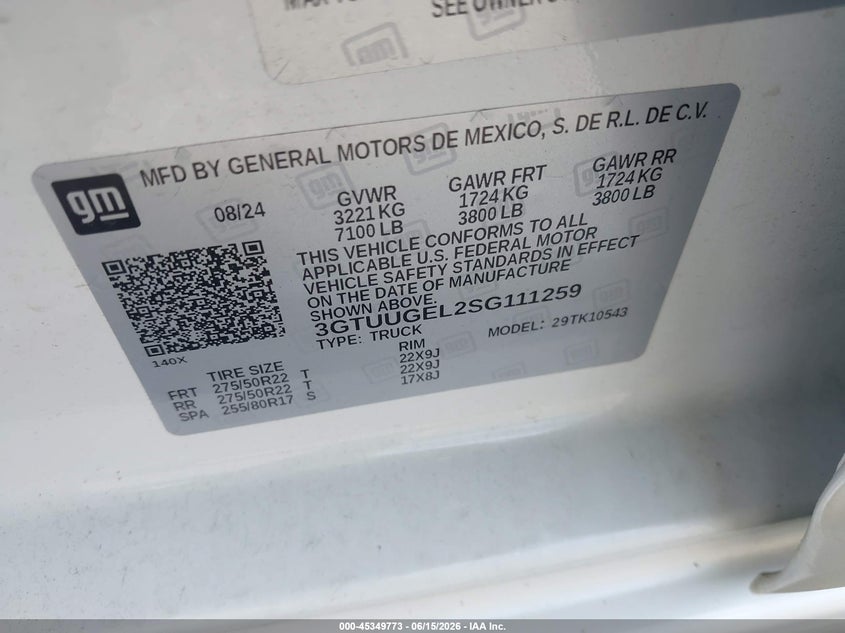 2025 Gmc SIERRA VIN 3GTUUGEL2SG111259 IAAI salvage auction — LEFT FRONT, Salvage (Virginia), sold $23,750 on 2026-07-20 (photo 9)