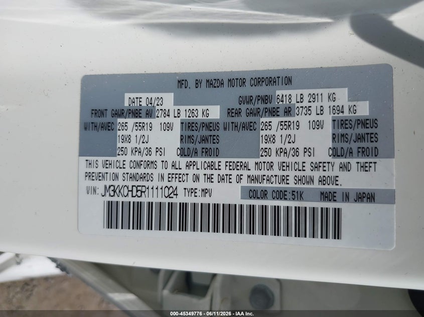 2024 Mazda Cx-90 VIN JM3KKCHD5R1111024 IAAI salvage auction — LEFT REAR, Salvage (Virginia), sold $7,800 on 2026-07-21 (photo 9)