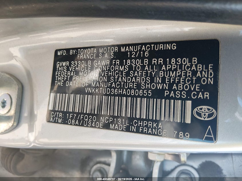2017 Toyota Yaris VIN VNKKTUD36HA080655 IAAI salvage auction — NORMAL WEAR, Clear - Dealer Only (California), sold $1,850 on 2026-07-22 (photo 9)