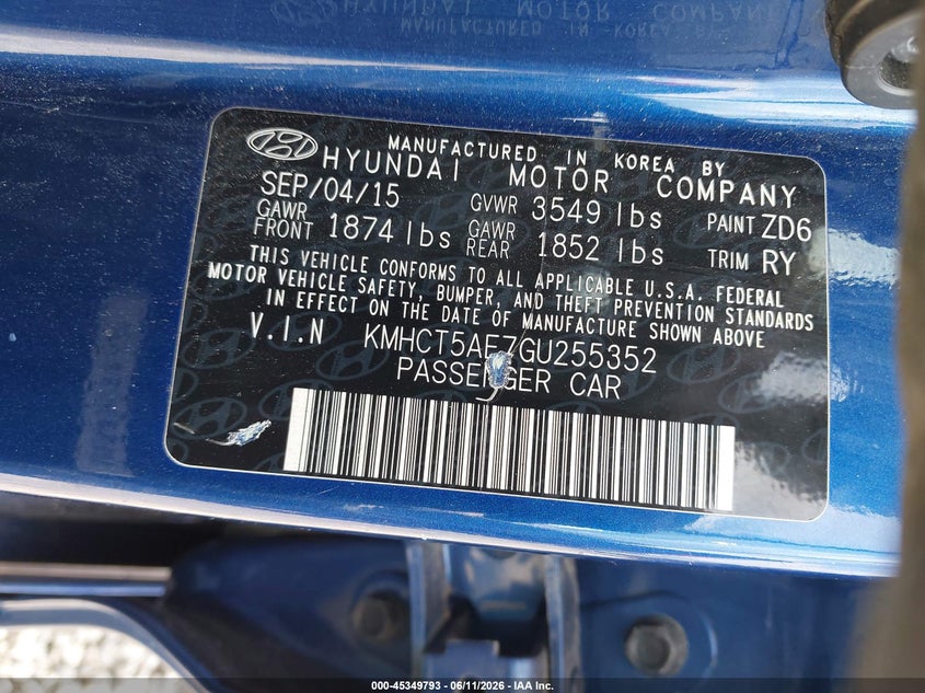 2016 Hyundai Accent VIN KMHCT5AE7GU255352 IAAI salvage auction — SIDE, Salvage (Georgia), sold $1,050 on 2026-07-09 (photo 9)