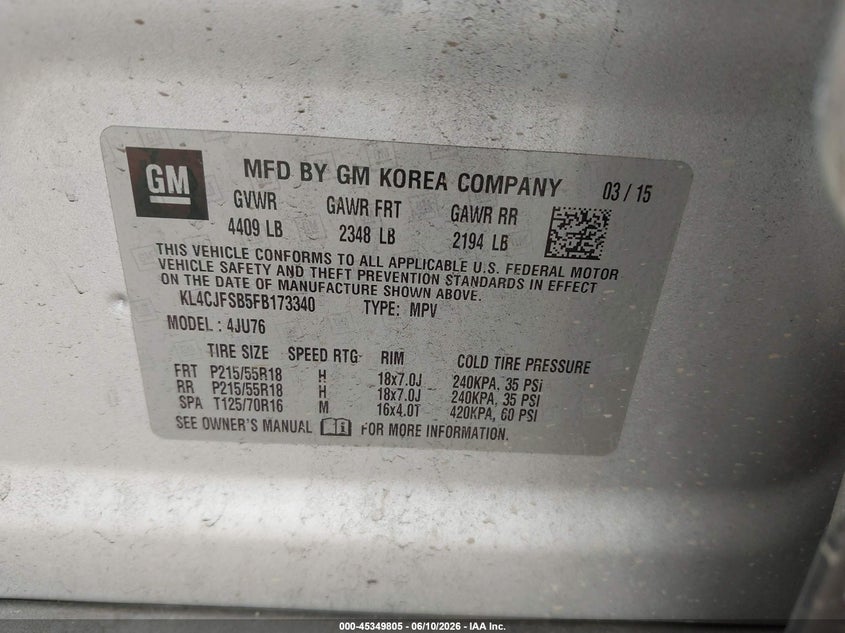 2015 Buick Encore VIN KL4CJFSB5FB173340 IAAI salvage auction — LEFT & RIGHT, Clear (Michigan), sold $525 on 2026-07-20 (photo 9)