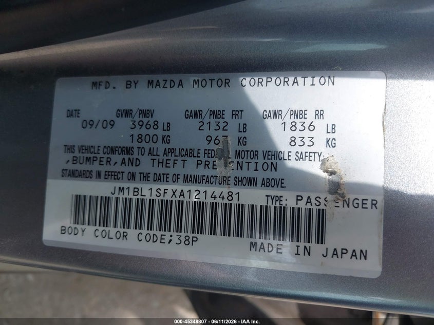 2010 Mazda 3 VIN JM1BL1SFXA1214481 IAAI salvage auction — REAR END, Salvage (Kansas), sold $475 on 2026-07-15 (photo 9)