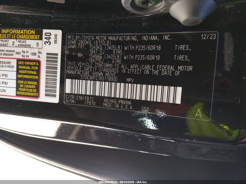 2024 Toyota Sienna VIN 5TDCSKFC1RS118900 IAAI salvage auction — FRONT END, Original (Texas), sold $16,300 on 2026-08-19 (photo 9)