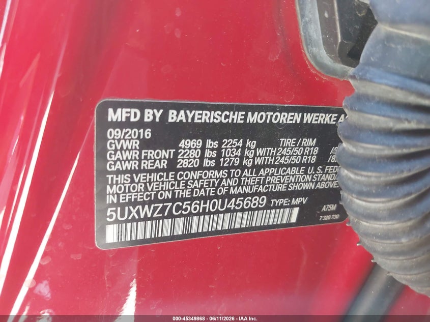 2017 BMW X3 VIN 5UXWZ7C56H0U45689 IAAI salvage auction — LEFT REAR, Salvage (California), sold $2,450 on 2026-07-15 (photo 9)