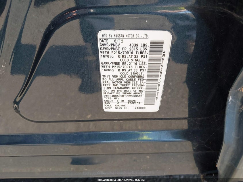 2013 Nissan Rogue VIN JN8AS5MT7DW500566 IAAI salvage auction — LEFT & RIGHT, Salvage Title, sold $575 on 2026-07-10 (photo 9)