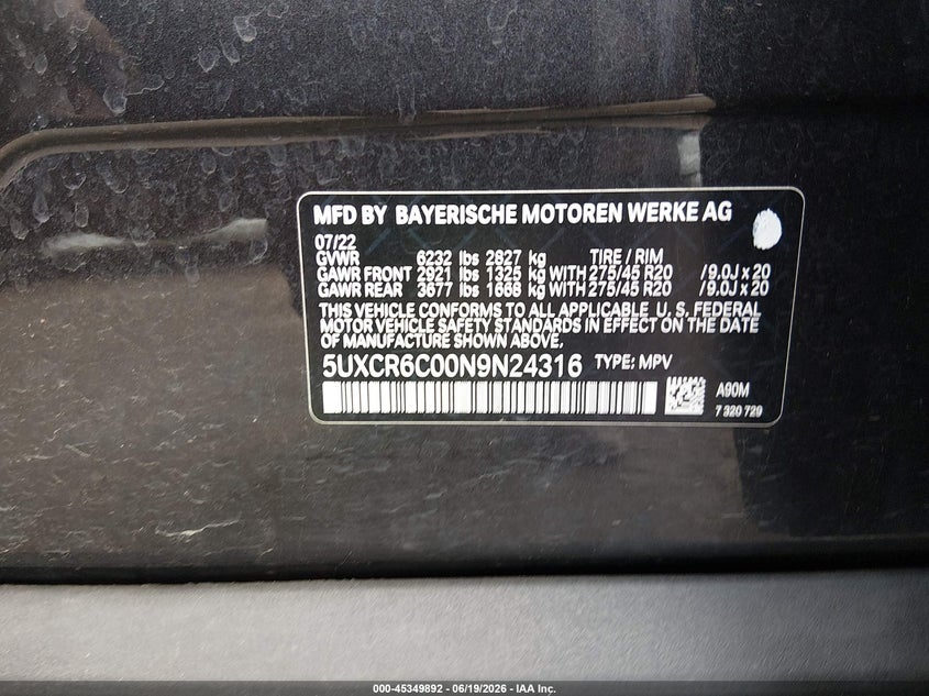 2022 BMW X5 VIN 5UXCR6C00N9N24316 IAAI salvage auction — UNKNOWN, Salvage (Ohio), sold $25,250 on 2026-07-30 (photo 9)