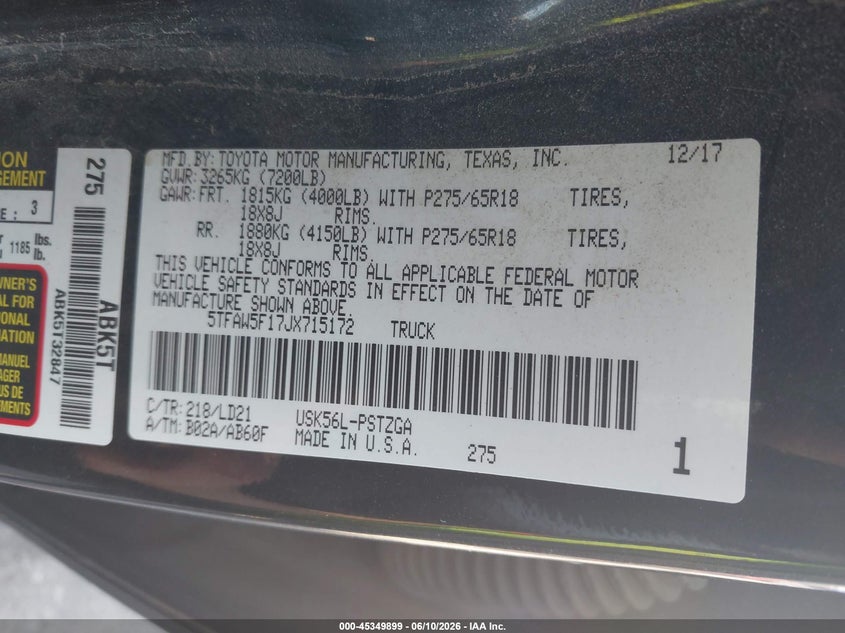 2018 Toyota Tundra VIN 5TFAW5F17JX715172 IAAI salvage auction — REAR END, Regular (South Dakota), sold $8,200 on 2026-07-31 (photo 9)