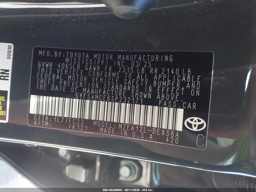 2025 Toyota Corolla VIN 5YFS4MCE6SP232171 IAAI salvage auction — LEFT FRONT, Salvage Title, sold $5,100 on 2026-08-01 (photo 9)