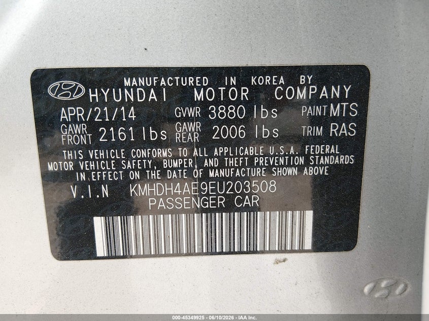 2014 Hyundai Elantra VIN KMHDH4AE9EU203508 IAAI salvage auction — NORMAL WEAR, Clear (New York), sold $950 on 2026-07-15 (photo 9)