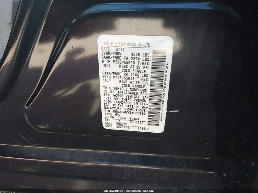 2011 Nissan Rogue VIN JN8AS5MVXBW307889 IAAI salvage auction — NORMAL WEAR, Rental Rides - Enterprise (New Hampshire), sold $700 on 2026-07-08 (photo 7)