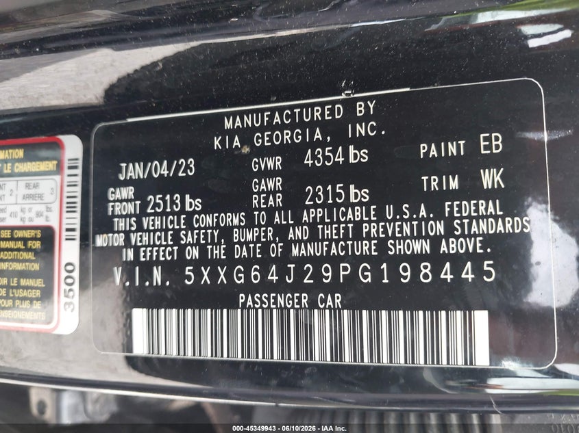 2023 Kia K5 VIN 5XXG64J29PG198445 IAAI salvage auction — FRONT END, Salvage Title, sold $2,350 on 2026-07-15 (photo 9)