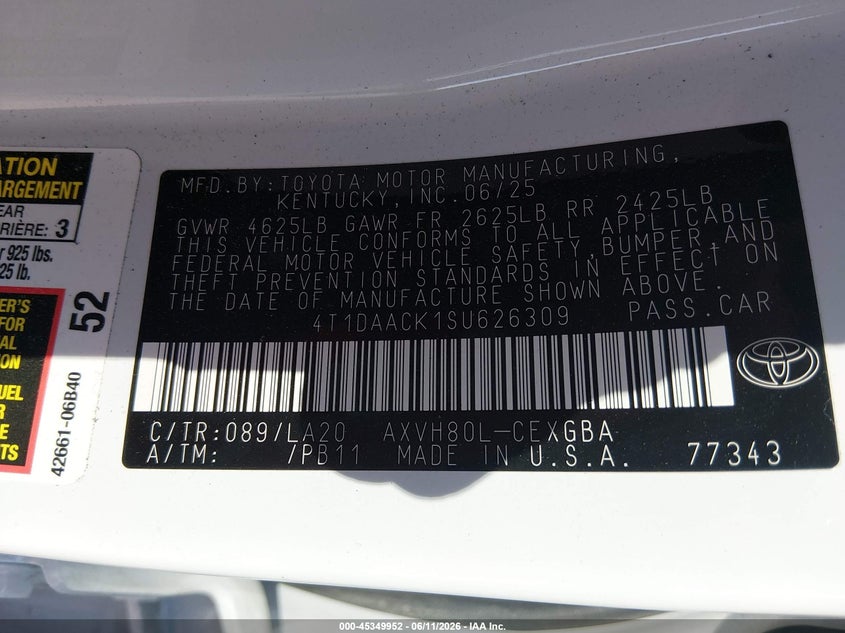 2025 Toyota Camry VIN 4T1DAACK1SU626309 IAAI salvage auction — FRONT END, Salvage Title, sold $11,300 on 2026-07-30 (photo 9)