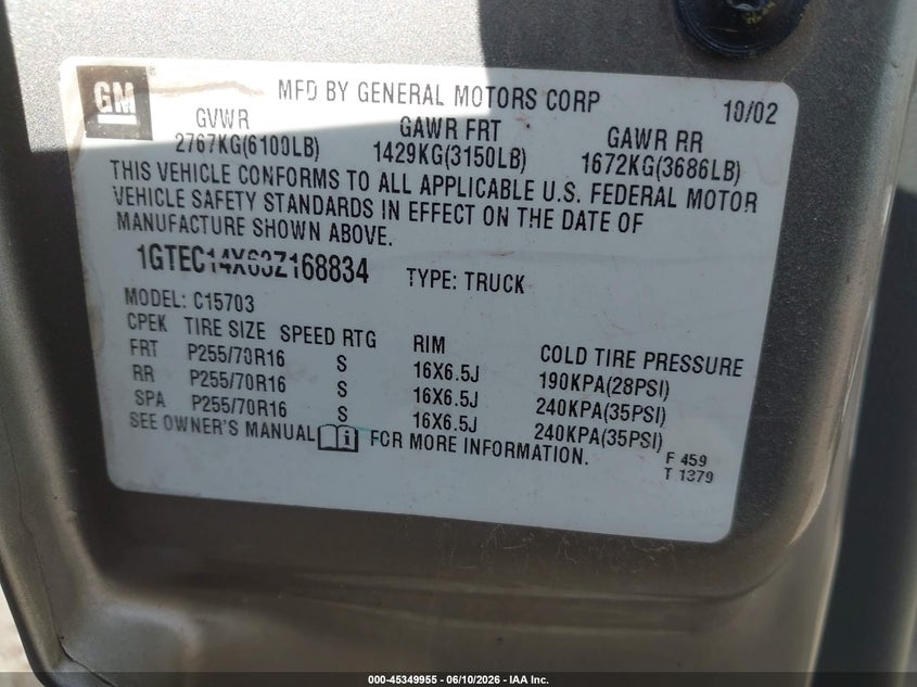 2003 Gmc Sierra 1500 VIN 1GTEC14X63Z168834 IAAI salvage auction — FRONT END, Salvage (Oklahoma), sold $1,150 on 2026-07-09 (photo 9)