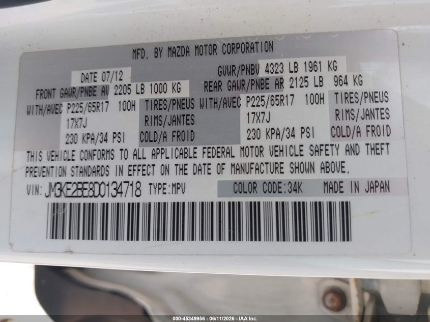 2013 Mazda Cx-5 VIN JM3KE2BE8D0134718 IAAI salvage auction — LEFT FRONT, Salvage (Illinois), sold $1,000 on 2026-07-21 (photo 9)