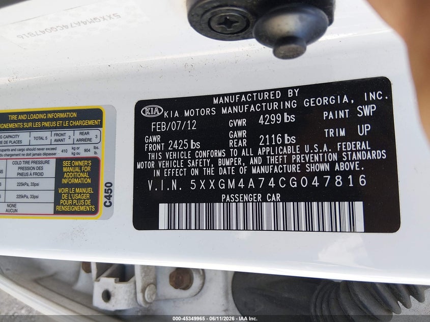 2012 Kia Optima VIN 5XXGM4A74CG047816 IAAI salvage auction — FRONT END, Salvage (Tennessee), sold $325 on 2026-07-15 (photo 9)