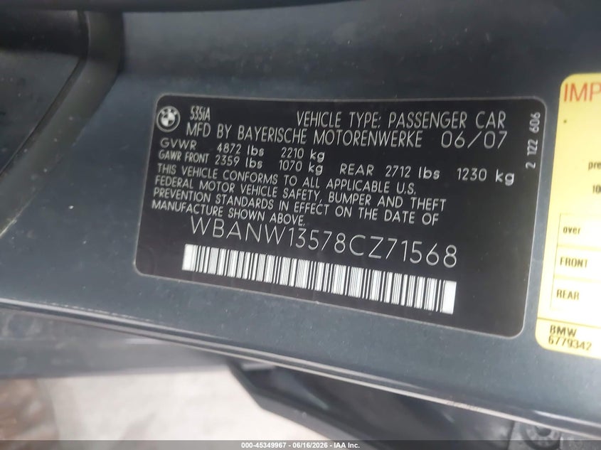 2008 BMW 5 series VIN WBANW13578CZ71568 IAAI salvage auction — SIDE, Original (Texas), sold $25 on 2026-07-31 (photo 9)