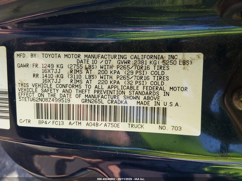 2008 Toyota Tacoma VIN 5TETU62N08Z499519 IAAI salvage auction — RIGHT FRONT, Salvage (Mississippi), sold $1,900 on 2026-07-23 (photo 9)