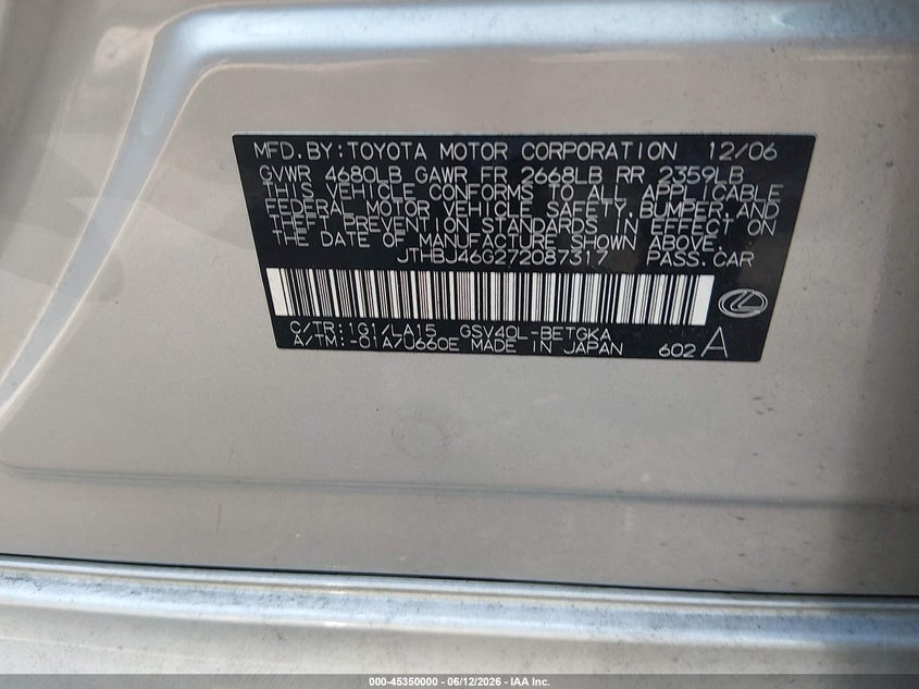 2007 Lexus ES VIN JTHBJ46G272087317 IAAI salvage auction — FRONT END, Clear (Virginia), sold $725 on 2026-07-07 (photo 9)