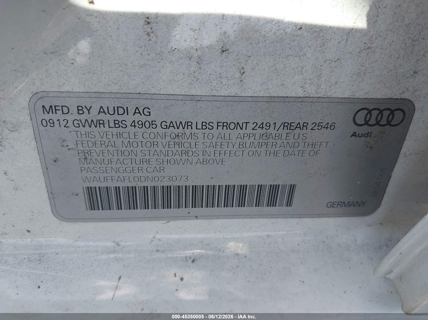 2013 Audi A4 VIN WAUFFAFL0DN023073 IAAI salvage auction — REAR END, Salvage Title, sold $275 on 2026-07-28 (photo 9)