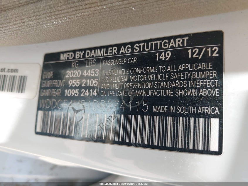 2013 Mercedes-benz C-klasse VIN WDDGF4HB1DR274115 IAAI salvage auction — RIGHT SIDE, Original (Texas), sold $1,400 on 2026-08-04 (photo 9)