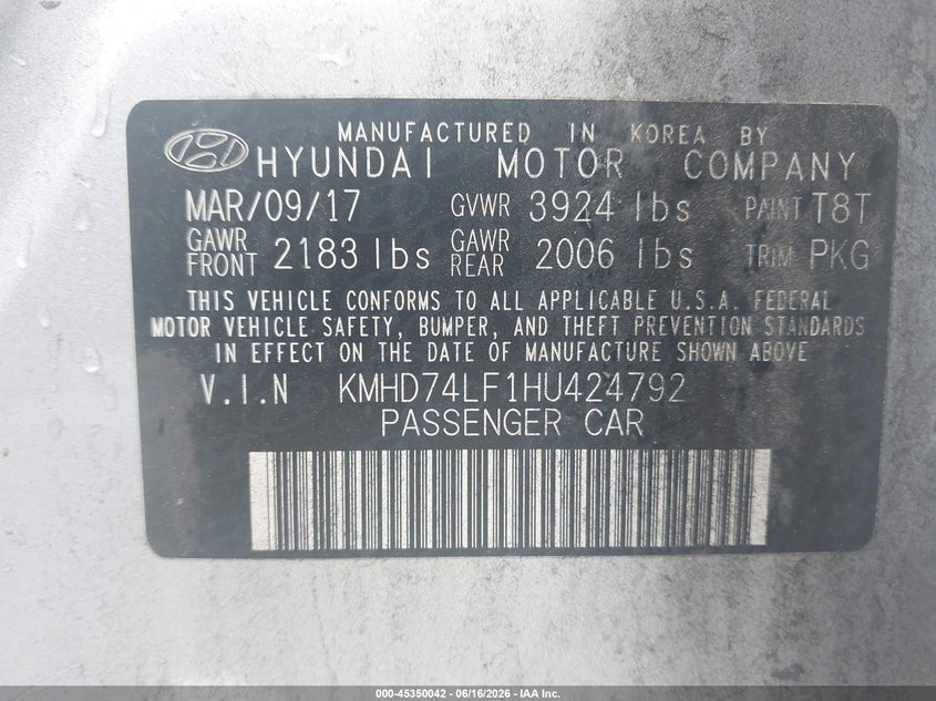 2017 Hyundai Elantra VIN KMHD74LF1HU424792 IAAI salvage auction — FRONT END, Salvage (South Carolina), sold $875 on 2026-07-15 (photo 9)