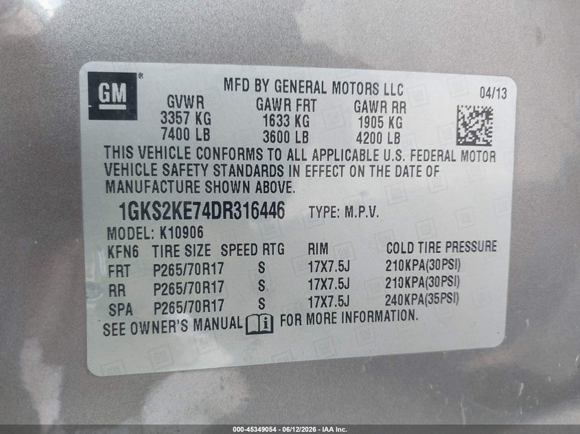 2013 Gmc Yukon VIN 1GKS2KE74DR316446 IAAI salvage auction — FRONT END, Salvage Title, sold $25 on 2026-07-31 (photo 9)
