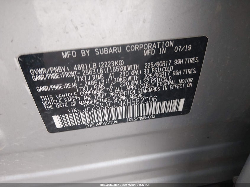 2019 Subaru Forester VIN JF2SKACC9KH582006 IAAI salvage auction — REAR END, Salvage (Montana), sold $3,300 on 2026-07-11 (photo 9)