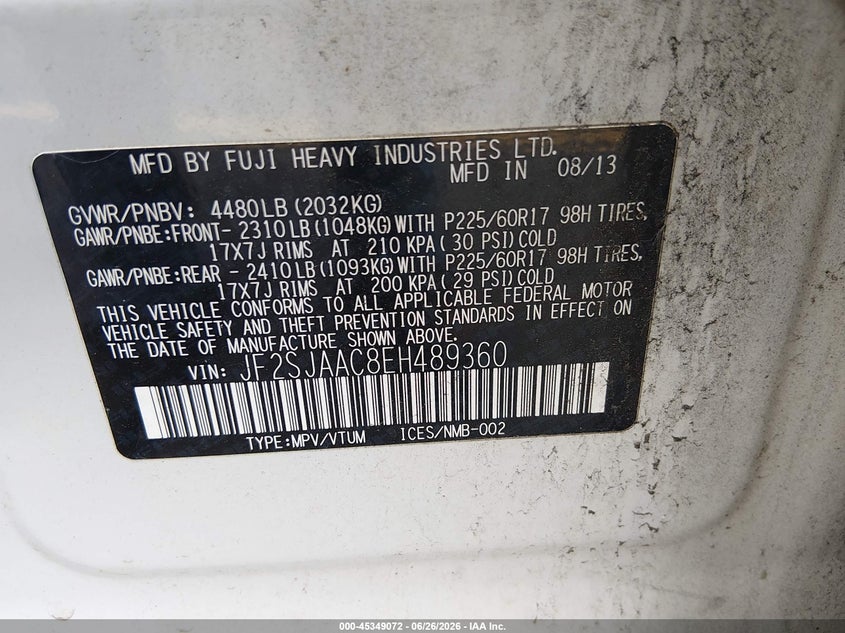 2014 Subaru Forester VIN JF2SJAAC8EH489360 IAAI salvage auction — NORMAL WEAR, Clear (South Carolina), sold $625 on 2026-07-29 (photo 9)