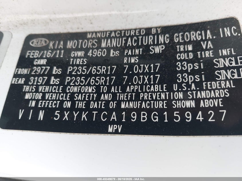 2011 Kia Sorento VIN 5XYKTCA19BG159427 IAAI salvage auction — NORMAL WEAR, Clear (Virginia), sold $925 on 2026-07-06 (photo 9)