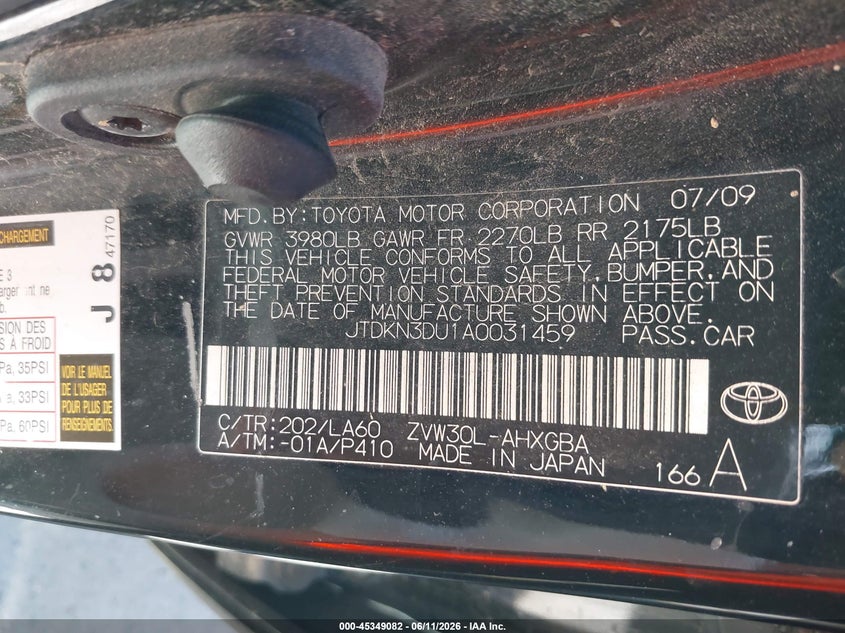 2010 Toyota Prius VIN JTDKN3DU1A0031459 IAAI salvage auction — NORMAL WEAR, Clear - Dealer Only (California), sold $975 on 2026-07-14 (photo 9)