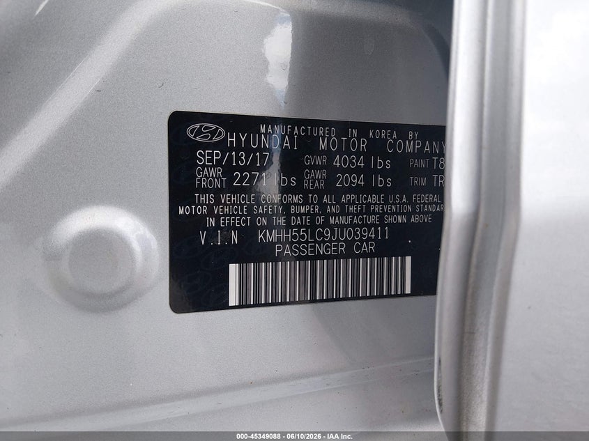 2018 Hyundai Elantra VIN KMHH55LC9JU039411 IAAI salvage auction — FRONT END, Salvage Title, sold $875 on 2026-08-02 (photo 9)