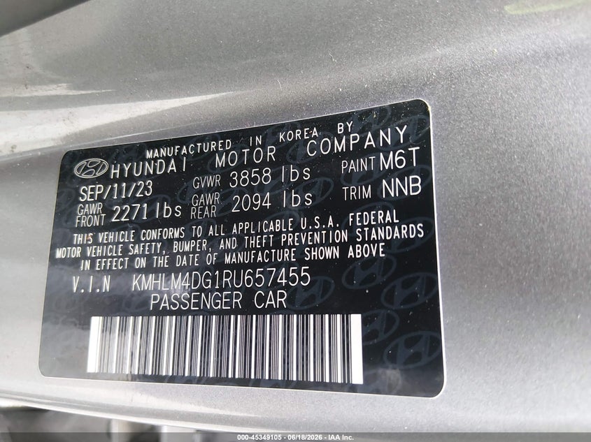 2024 Hyundai Elantra VIN KMHLM4DG1RU657455 IAAI salvage auction — FRONT & REAR, Salvage Title, sold $4,000 on 2026-07-27 (photo 9)