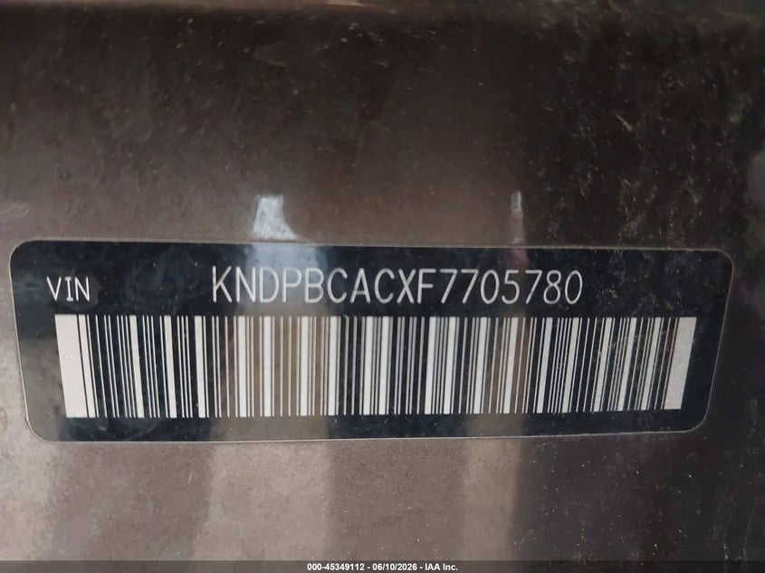 2015 Kia Sportage VIN KNDPBCACXF7705780 IAAI salvage auction — RIGHT FRONT, Salvage Title, sold $1,000 on 2026-09-10 (photo 9)