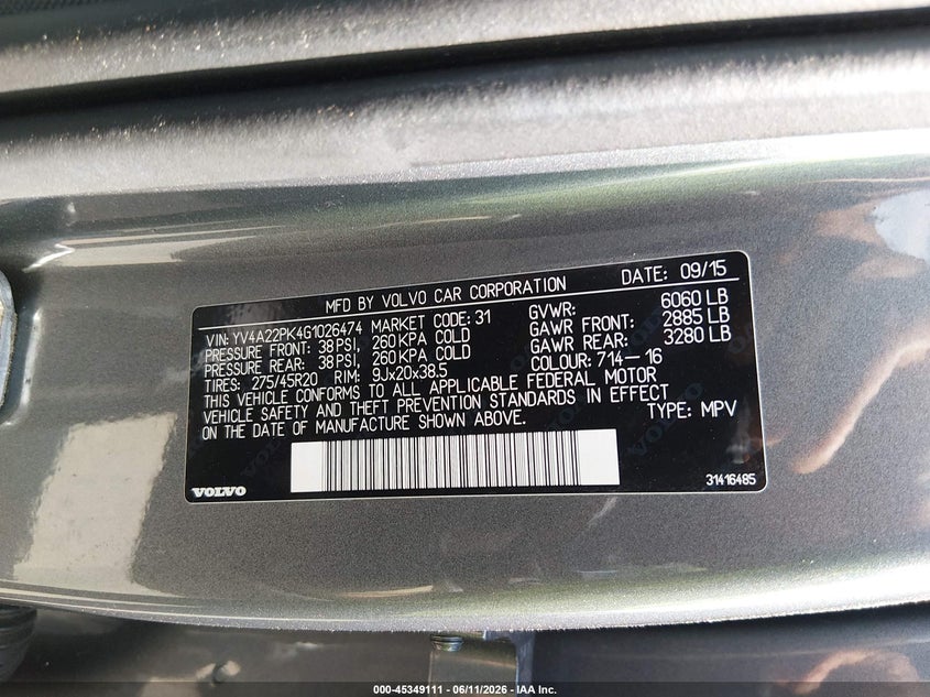 2016 Volvo Xc90 VIN YV4A22PK4G1026474 IAAI salvage auction — REAR END, Salvage Title, sold $4,250 on 2026-07-12 (photo 9)