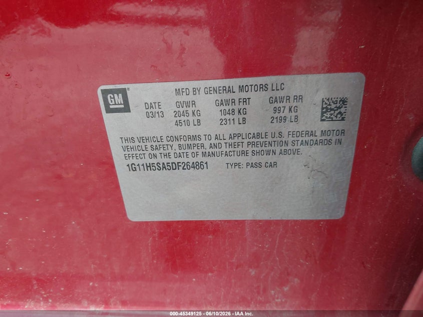 2013 Chevrolet Malibu VIN 1G11H5SA5DF264861 IAAI salvage auction — FRONT END, Clear (Michigan), sold $750 on 2026-07-22 (photo 9)