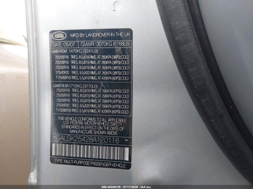 2008 Land rover Range rover sport VIN SALSK25428A120116 IAAI salvage auction — REAR END, Clear (Arizona), sold $375 on 2026-07-30 (photo 9)