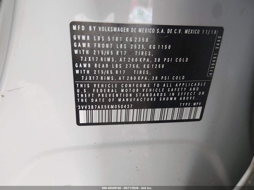 2019 Volkswagen Tiguan VIN 3VV3B7AX5KM050437 IAAI salvage auction — FRONT END, Salvage (Texas), sold $900 on 2026-09-16 (photo 9)