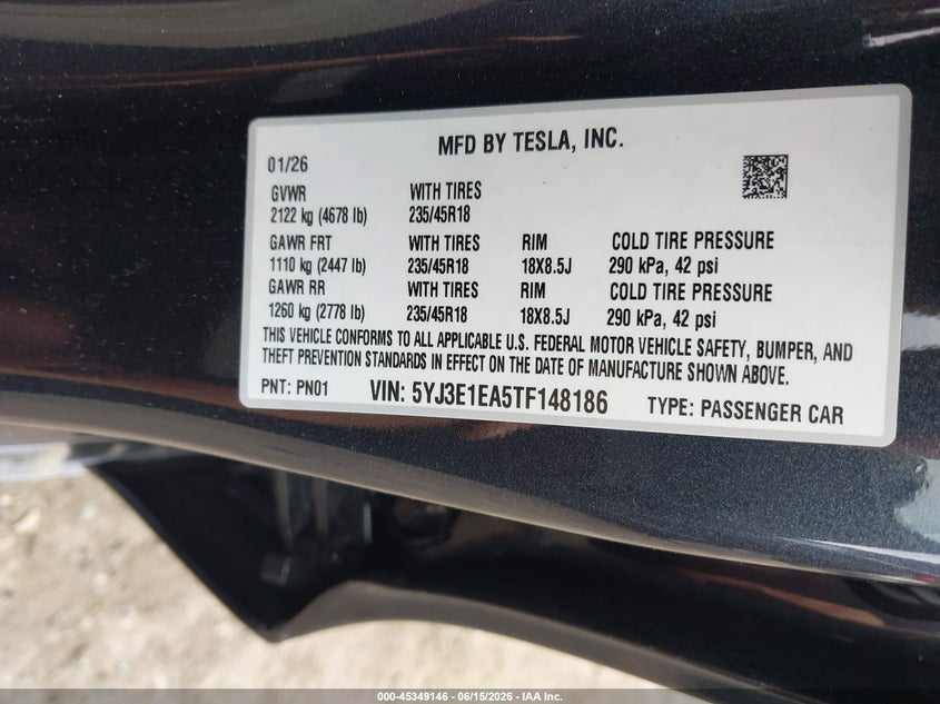 2026 Tesla Model 3 VIN 5YJ3E1EA5TF148186 IAAI salvage auction — RIGHT SIDE, Salvage - Greater Than 75% (Maryland), sold $12,000 on 2026-07-09 (photo 9)