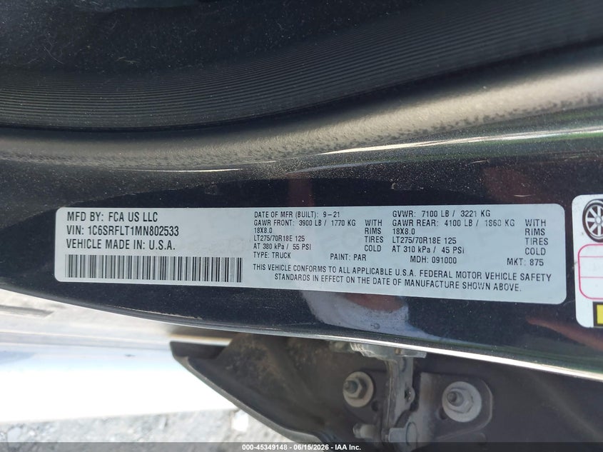 2021 Ram 1500 VIN 1C6SRFLT1MN802533 IAAI salvage auction — FRONT END, Salvage (Nevada), sold $8,600 on 2026-07-05 (photo 9)