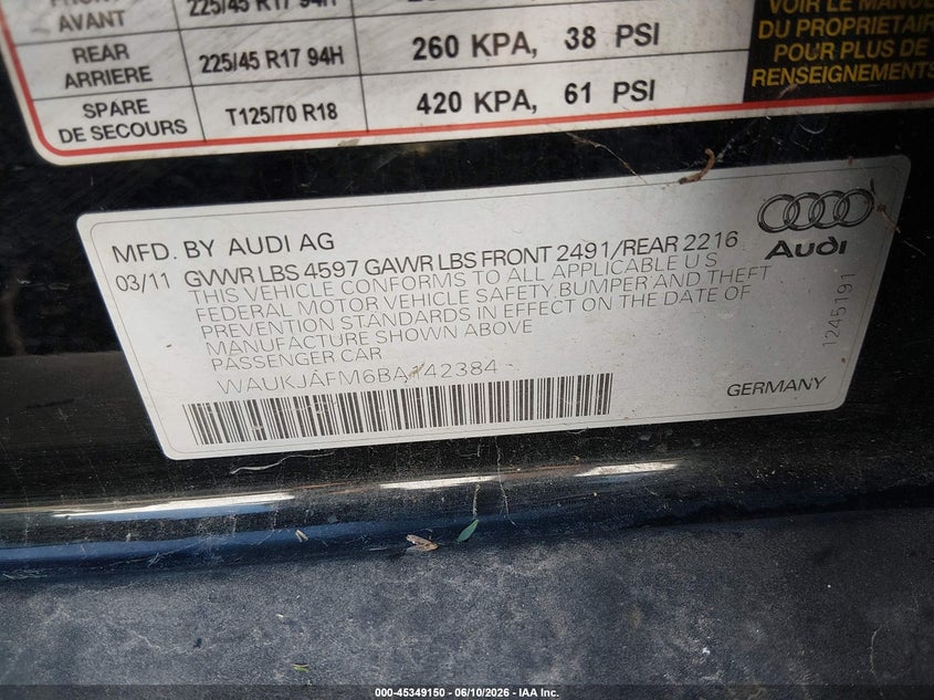 2011 Audi A3 VIN WAUKJAFM6BA142384 IAAI salvage auction — NORMAL WEAR, Clear (Louisiana), sold $700 on 2026-07-08 (photo 9)