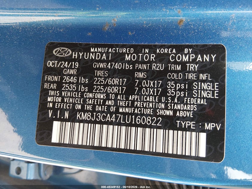 2020 Hyundai Tucson VIN KM8J3CA47LU160822 IAAI salvage auction — REAR END, Salvage (Idaho), sold $5,950 on 2026-07-14 (photo 9)